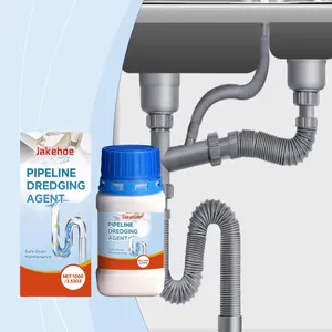 JAKEHOE pipeline dredging agent bottle and box shown with a kitchen sink drain scene.