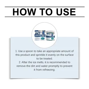 Instructional guide for using EELJOY pet safe ice melt granules on frozen surfaces
