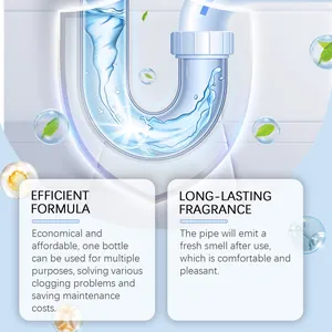 Detail view of efficient drain cleaner formula for pipes and long-lasting fragrance.