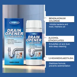 Detail showing JAKEHOE drain opener ingredients and cleaning features for pipes