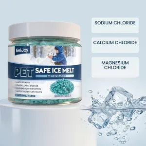 Detail view of EELJOY pet safe ice melt granules and key ingredients for winter use