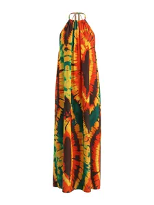 Bohemian vibrant tie-dye halter neck backless loose maxi dress for vacation wear