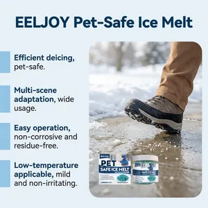 Close-up of EELJOY pet-safe ice melt granules used on an icy outdoor pavement