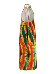 Back view of bohemian tie-dye halter maxi dress with an elegant open back design