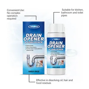 Macro view of Jakehoe drain opener and unblocker bottle with key feature callouts