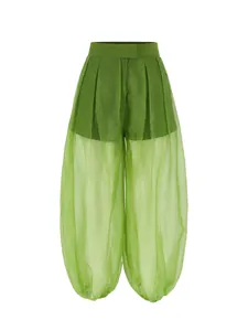Detailed view of green high-waisted sheer mesh lantern pants with lining shorts