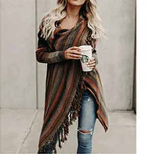 Cardigan in maglia a righe a maniche lunghe con frange per l'autunno e l'inverno.