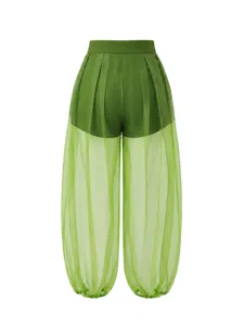 Detailed view of high-waist green sheer mesh lantern pants with pleated texture