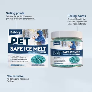 Detailed view of EelJoy pet safe ice melt packaging and jar with key selling points highlighted.