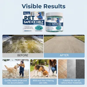 Detailed view of pet-safe ice melt showing before and after de-icing results on a driveway
