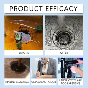 Detailed view of sewer drain clog remover showing before and after efficacy for sink