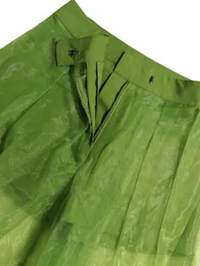 Detail view of green sheer mesh pants featuring waist zipper and button closure