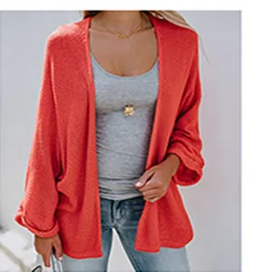 Cardigan casual in maglia arancione corallo con maniche morbide e apertura frontale