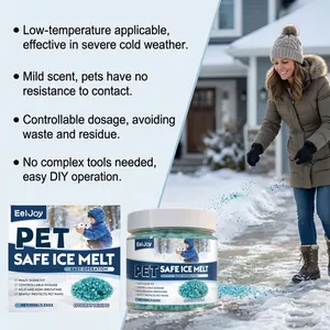 Woman spreading blue pet-safe ice melt granules on a snowy outdoor residential walkway