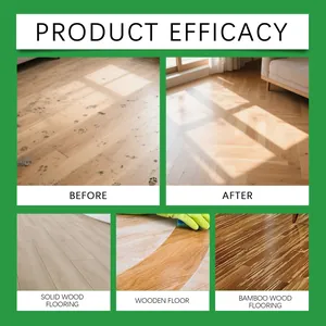 Product efficacy comparison showing before and after cleaning on various wood flooring types.