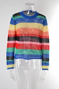 Vibrant rainbow striped hollow crochet mesh knit long sleeve beach cover-up sweater