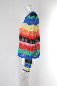 Side view of colorful rainbow striped mesh crochet beach cover-up top on mannequin