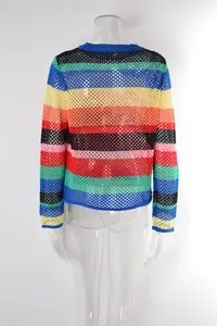 Detailed back view of a vibrant rainbow striped hollow crochet mesh knitted beach cover-up
