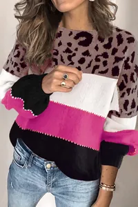 Close-up of a women's round neck pullover sweater with leopard print and color-block patchwork