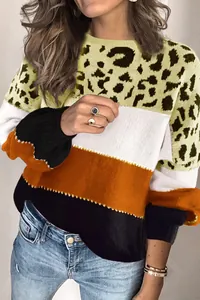 Close-up detail of stylish women's patchwork leopard print crewneck knit sweater top