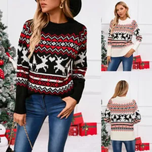 Detailed view of women's Christmas reindeer print pullover sweaters in black and white.