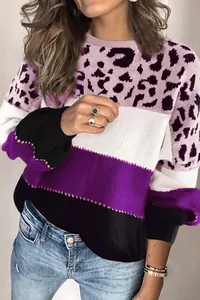 Detail view of women's color-blocked sweater with leopard print pattern