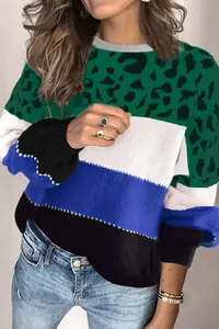 Detail view of color-block leopard print sweater with green, white, blue, black stripes