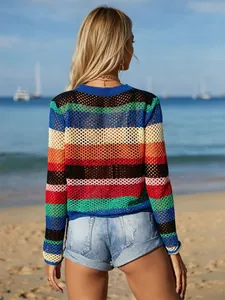 Back view of rainbow striped hollow out crochet knit beach cover-up top for summer