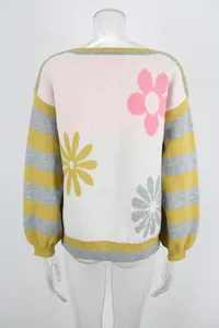 Detail view of the back of a knit sweater with floral print and striped sleeves