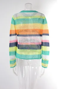 Rear view of a colorful rainbow striped hollow-out knit beach cover-up for women
