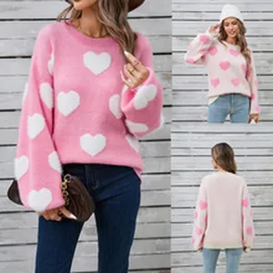 Collage view showing pink and beige sweaters with heart patterns and lantern sleeves