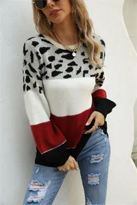 Casual women's patchwork leopard print crew neck knit sweater displayed on a model