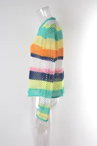 Detailed side profile view of rainbow striped open-knit crochet beach cover-up top
