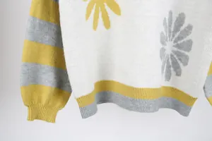Close-up of knit sweater featuring floral patterns and striped sleeve details