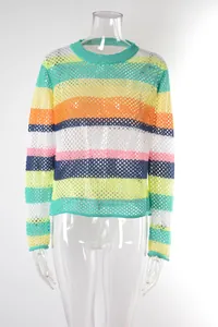 Detailed view of the vibrant rainbow striped hollow mesh knit beach cover-up top