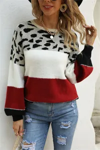 Detail of women's crewneck sweater with leopard print and red color block design