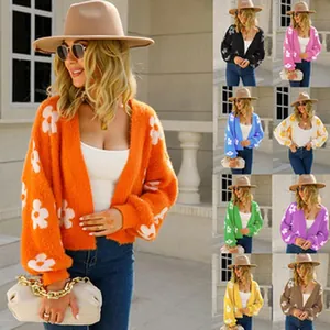 Close-up view of the color range for floral pattern heart knit cardigans for women