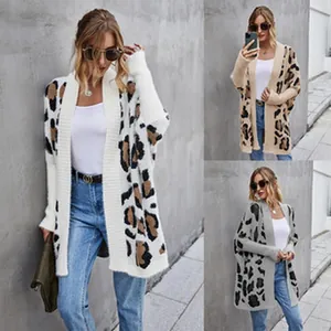Leopard print color-block knit cardigan showing three different style variations