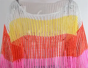 Macro view showing the detailed open-knit texture of a colorful rainbow crochet cover-up
