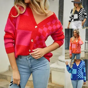 Stylish women's V-neck checkered cardigan sweater available in multiple color variants