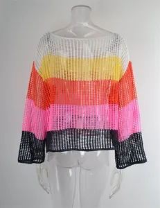 Detail showing rainbow striped crochet hollow-out knit cover-up with long sleeves