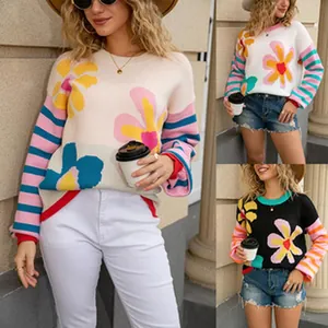 Women's casual floral knit sweater with striped sleeves and colorful pattern design