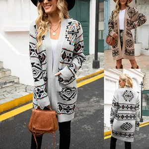 Stylish women's bohemian knit cardigan featuring Aztec geometric patterns and front pockets