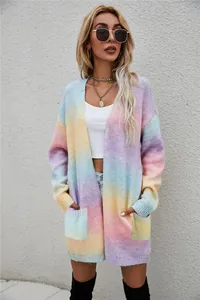 Detailed shot of rainbow tie-dye mid-length loose cardigan featuring front pockets