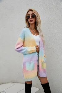 Vibrant rainbow tie-dye long knit cardigan for women, loose oversized open front sweater