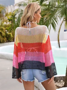 Back view of a colorful rainbow striped crochet hollow-out knit cover-up top