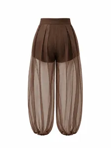 Back view of brown high-waisted sheer mesh lantern pants featuring a comfortable inner shorts layer