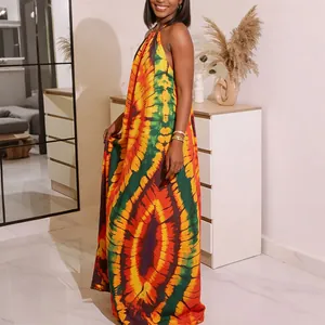 Vibrant bohemian tie-dye print halter backless maxi dress for summer beach vacation