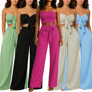 Conjunto de dos piezas con top palabra de honor y pantalón ancho en cinco colores
