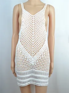 Copricostume da spiaggia bianco all'uncinetto da donna con sexy motivo a maglia traforata.
